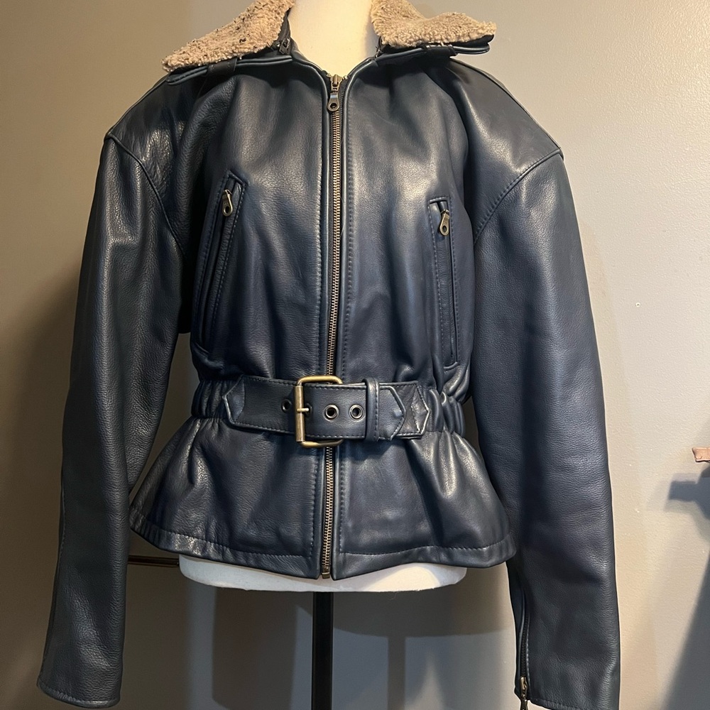Vintage Laurence Roy Slate Blue Belted Leather Jacket. Size M. EUC